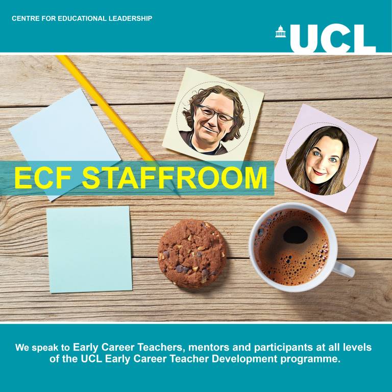 A photo of Mark and Elaine on post its. There are more post its and a pencil, a tea and a cookie on the table. The graphic says ECF Staffroom.