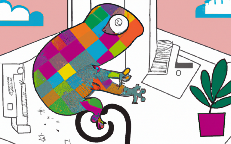 A brightly coloured chameleon sits among a pile of objects that seem to suggest a workplace. The visual is a metaphor for masking. Image credit: Brian Irvine for CRAE IOE.