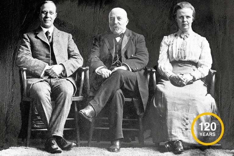 (Left to right): Percy Nunn, John Adams, Margaret Punnett with 120 roundel