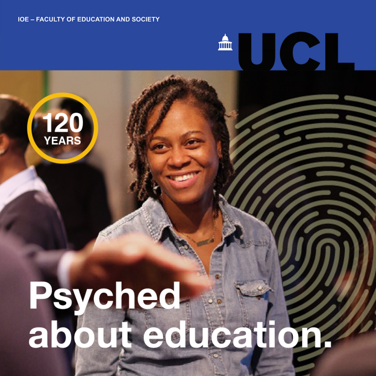 Black female teacher smiles at Drama pupils. Image reads Psyched about education: 120 years, with a fingerprint in the background