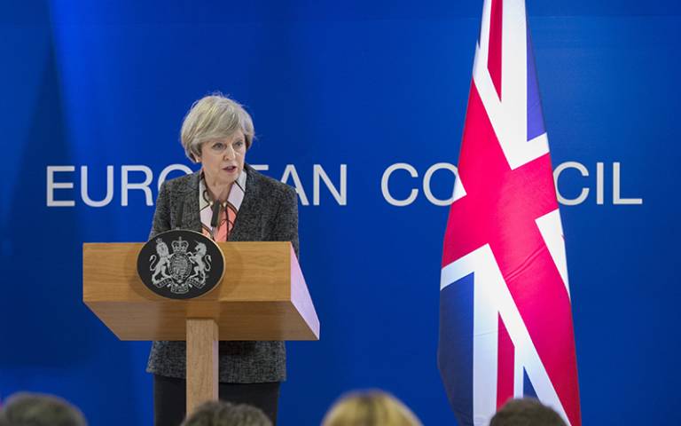 Prime Minister Theresa May giving a press conference at the European Council meeting in Brussels on 9 March 2017
