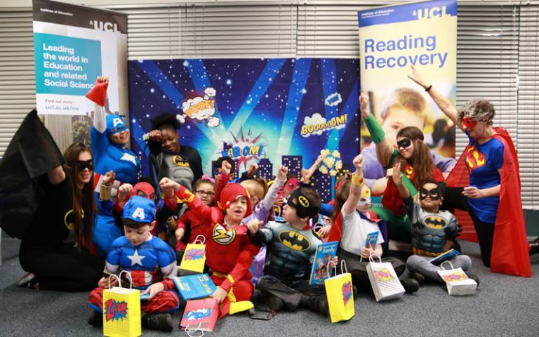 Read Aloud 2019: schoolchildren dressed as superheroes in IOE library