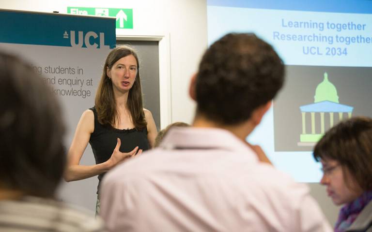Researcher giving a talk. Photo: Asher Foyle, UCL Digital Media
