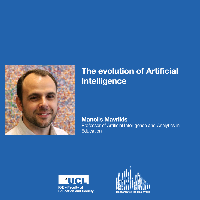 Manolis Mavrikis' photo is on the left side. The episode title The evolution of AI is on the right. His title, Professor of AI, is at the bottom of the episode title.