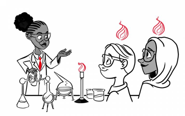 Illustration of science teacher and pupils in a science class