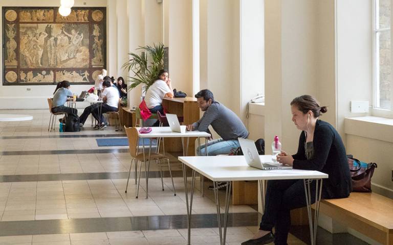 Students sitting in UCL South Cloisters. Image: UCL Digtal Media