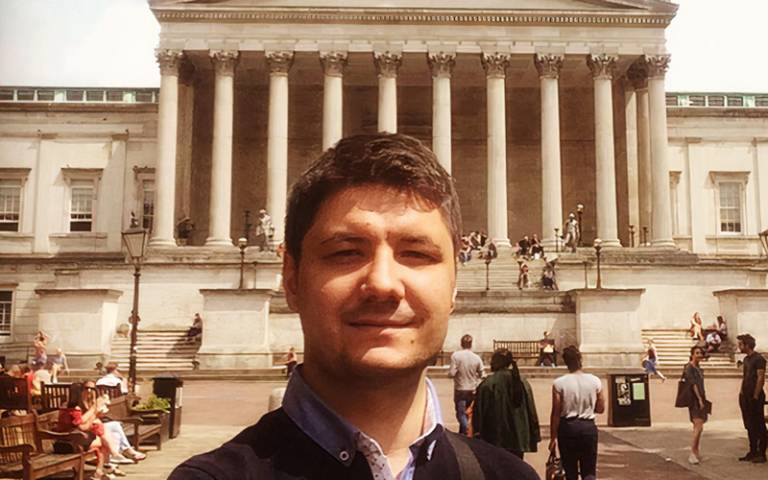Tugay Durak in front of the UCL Portico. Image permission: Tugay Durak.
