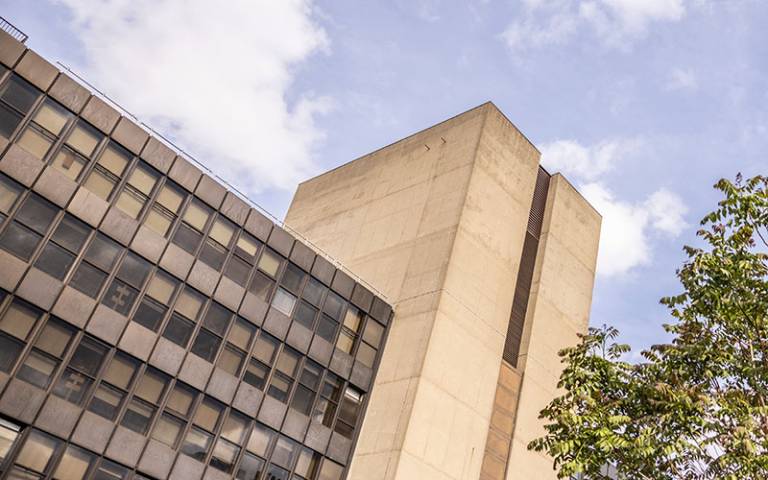 An upward looking shot of the IOE building