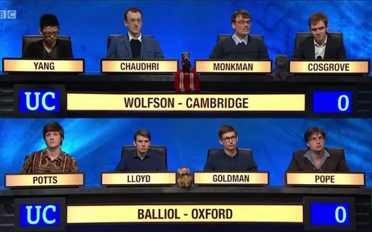 Screenshot of all-male teams on University Challenge, BBC