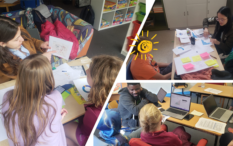 A photo collage of the workshops. Pupils are exploring various documents aided by the researchers. Image credit: Stéphanie Harries.