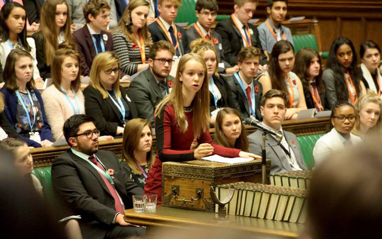 Young person speaking at UK Youth Parliament 2015. Image: UK Parliament via Flickr (CC BY-NC 2.0)