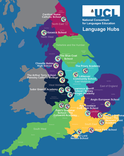 Colourful map of England showing locations of Language Hub schools across the country.