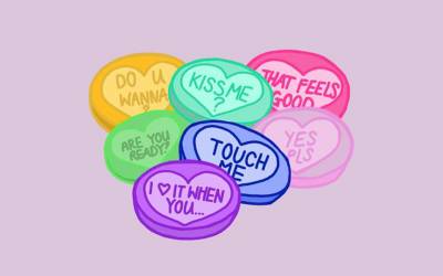 Illustration of love heart sweets with messages written