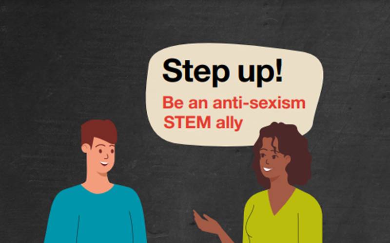 Step-Up leaflet. Text: Step-up! Be an anti-sexism STEM ally. Credit: Aspires, IOE.
