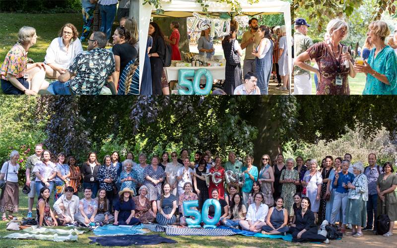 Montage of 4 images of a garden party celebrating TCRU's 50th anniversary. Credit: Mary Hinkley/UCL.