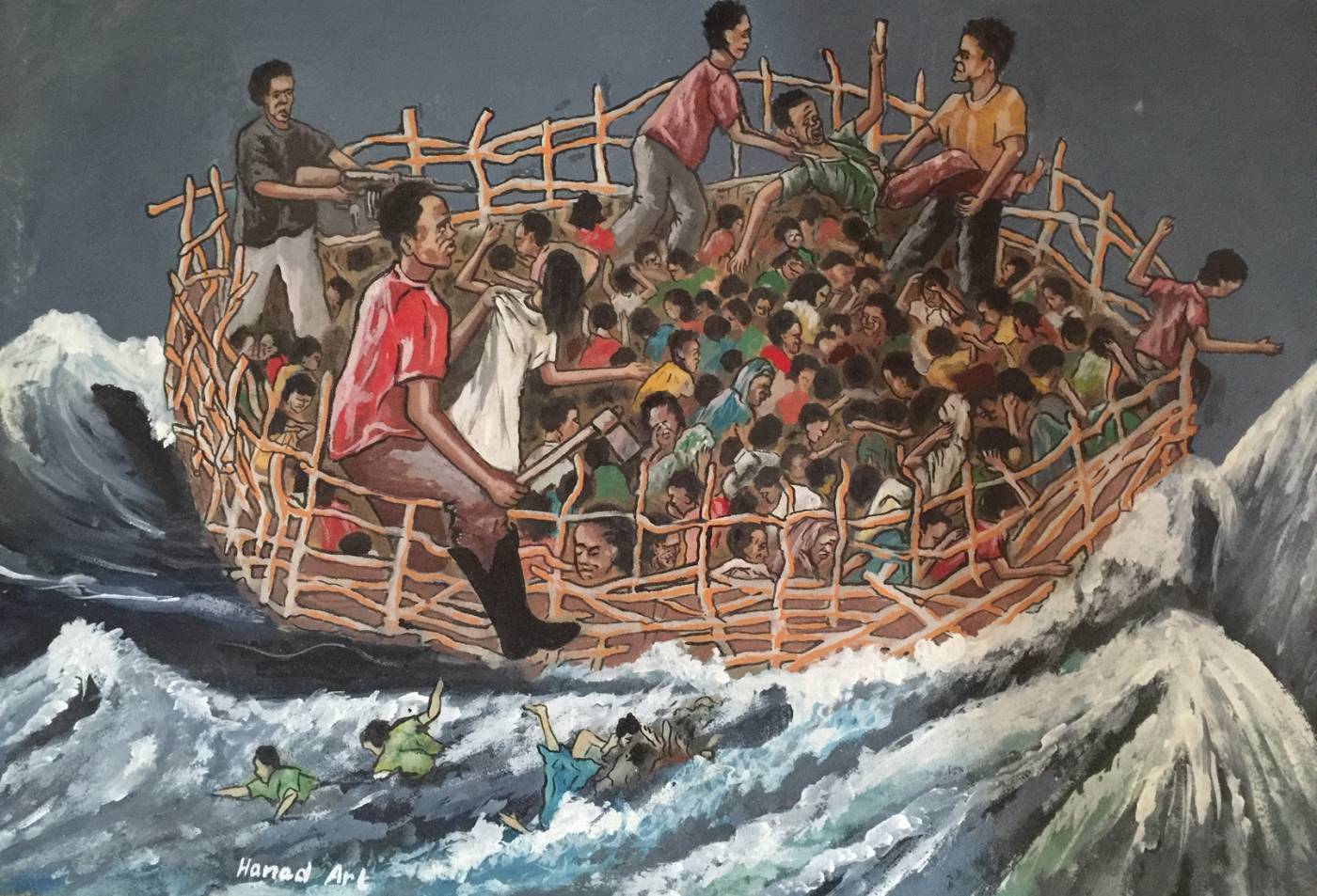 'Tahriib’ – Doonidii geerida (Tahriib – the death boat) by Nagib Carab Ibrahim ‘Hanad Arts’. Courtesy of the Hargeisa Cultural Centre