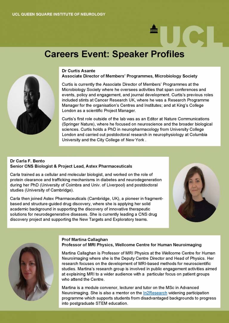 This flyer features images of the speakers and their written profiles