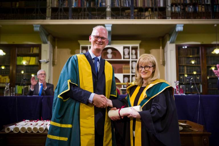 Prof Eleanor Maguire with the President of the Royal Irish Academy Peter Kennedy
