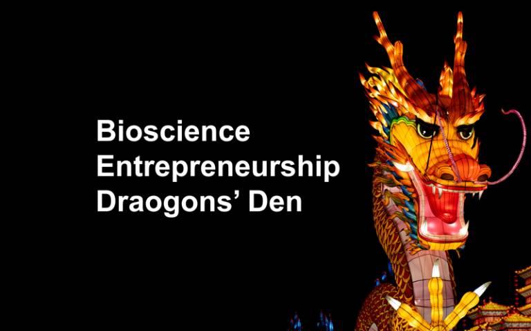 Image of Chinese dragon with text "Bioscience Entrepreneurship Dragons' Den"