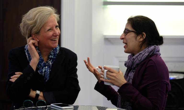 Professor Sarah Coupland (University of Liverpool, ARVO Vice President) sharing a joke over coffee during the networking session at the Women in Vision UK Inaugural meeting