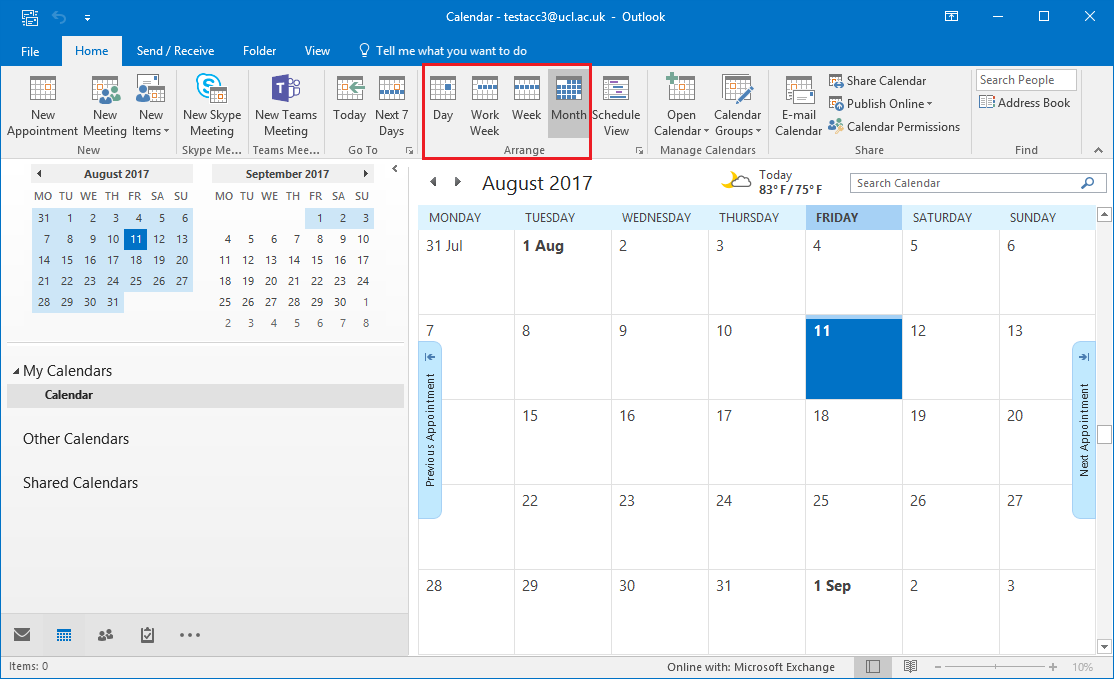 Change the calendar view in Outlook 2016 for Windows Information