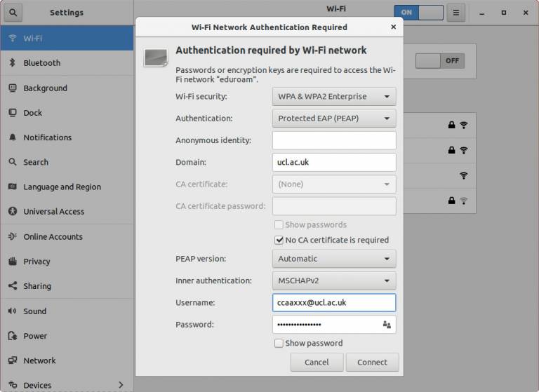 Linux Wi-Fi Network Authentication Required window with username and password