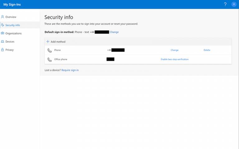 Office 365 Security Info methods