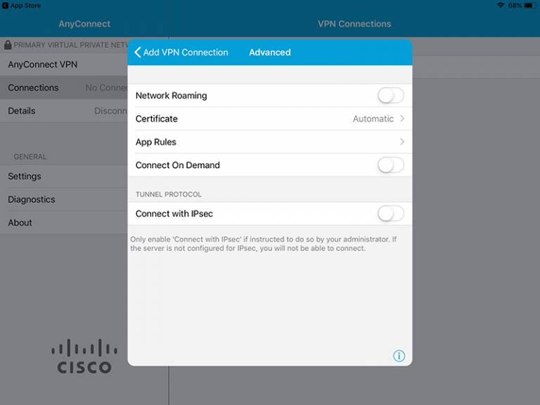 Cisco AnyConnect iOS add VPN connection advanced details