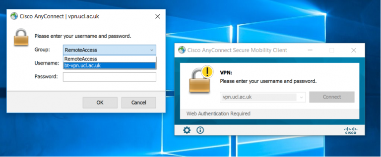 Cisco AnyConnect username/password window