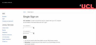 Screenshot of UCL's authentication window (Single Sign On)