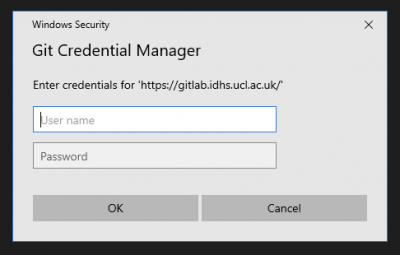 Dialogue box showing prompt for git credentials
