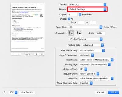 Mac Print@UCL settings – Save Current Settings as Preset