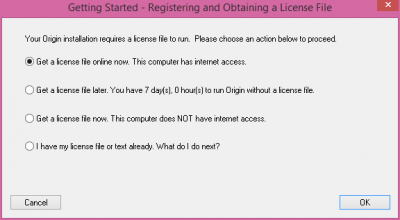 Origin Setup: Obtain licence file screen…