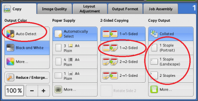 Change output colour, paper supply type, paper sides and stapling…