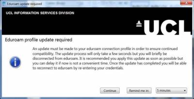 UCL eduroam update box on Desktop@UCL…