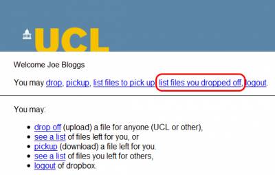 Fig 1. The 'list files you dropped off' link