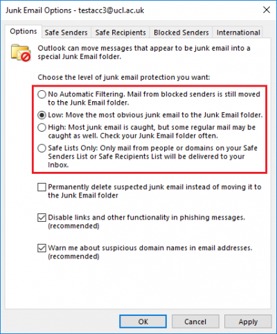 Fig 2. Junk E-Mail options box…