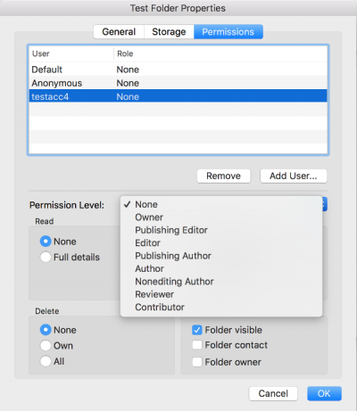 Fig 4. Permission Level options within the Folder Permissions window…
