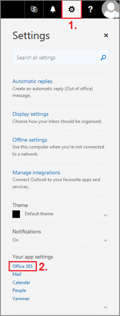 Fig 1. Locating the Settings menu within the Office365 portal…