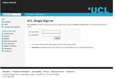 UCL single sign-on screen to log into the software database…