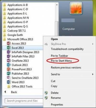 Application right click menu on the Windows 7 start menu…