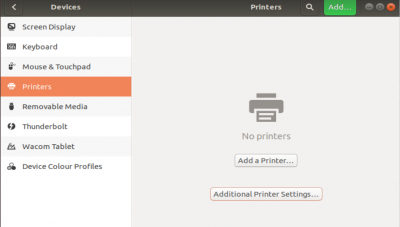 Ubuntu Settings, printers dialogue box
