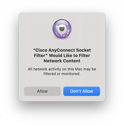 Cisco AnyConnect Socket Filter Would Like to Filter Network Content window