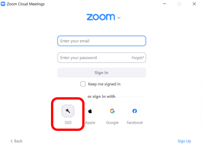 A screenshot of the Zoom log in screen