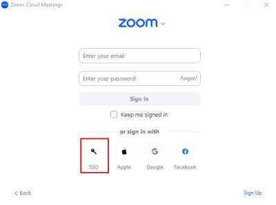 Screenshot of Zoom application sign in screen