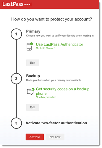 LastPass multifactor authentication set up confirmation