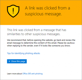 Safe Links Suspicious email message example