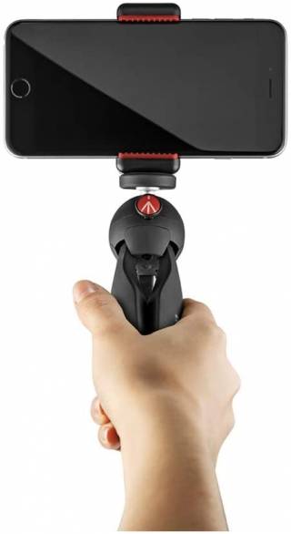 Small tabletop tripod with smartphone clamp