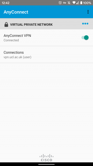 AnyConnect home screen with UCL VPN connected
