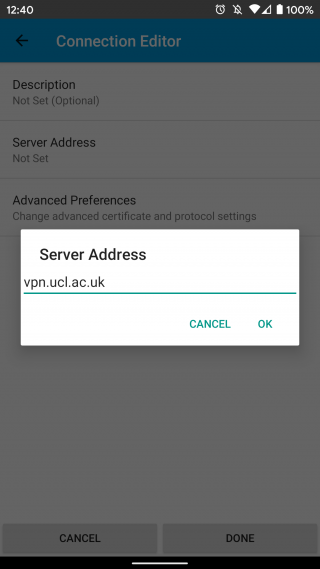 AnyConnect Server Address box